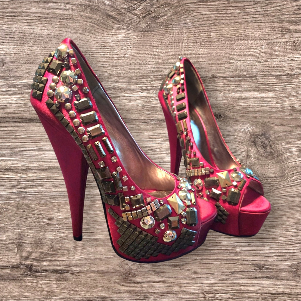 Wild Pair Embellished Peep-Toe Heels in Red